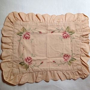 Pillow Sham Beige/Tan Ruffled with Rose Embroidery
